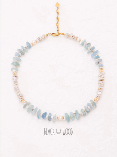 Black Wood | Aquamarine with Special-Shaped Petal Pearl Advanced Color Matching Custom Copper-Plated Gold Beaded Necklace Buddha&Energy