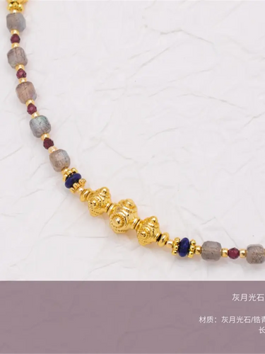 Black Wood | Moonstone with Laps Garnet Vintage Beaded Necklace Brass Gold-Plated Accessories Buddha&Energy